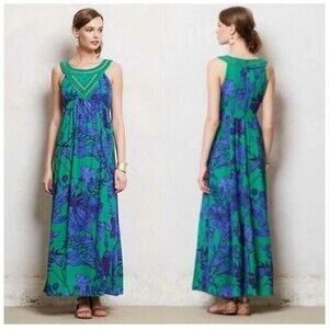 Green Floral Maxi Dress with Crochet Yoke